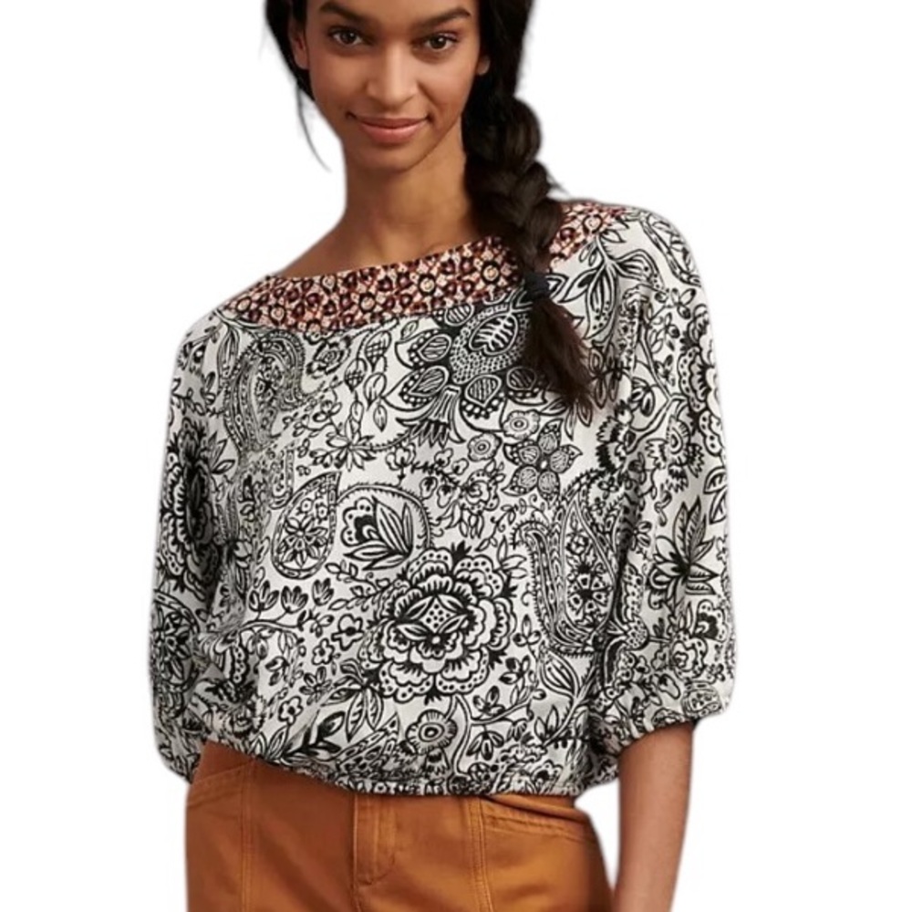 Anthropologie Samia Black & White Floral Print Brown Leopard Oversized Top - L P